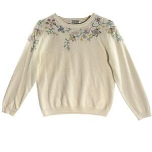 Women's Alfred Dunner Woman Cream with Pastel Embroidered Flowers Sweater Size2X